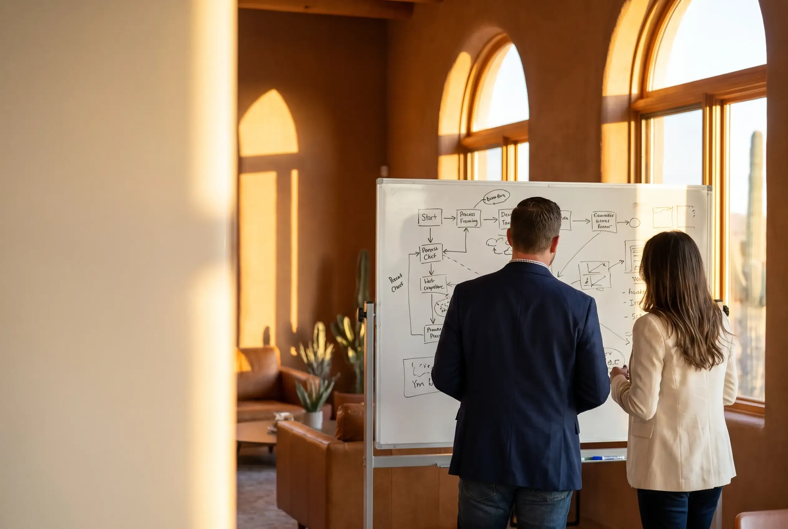 Two people mapping a process on a whiteboard in warm afternoon light