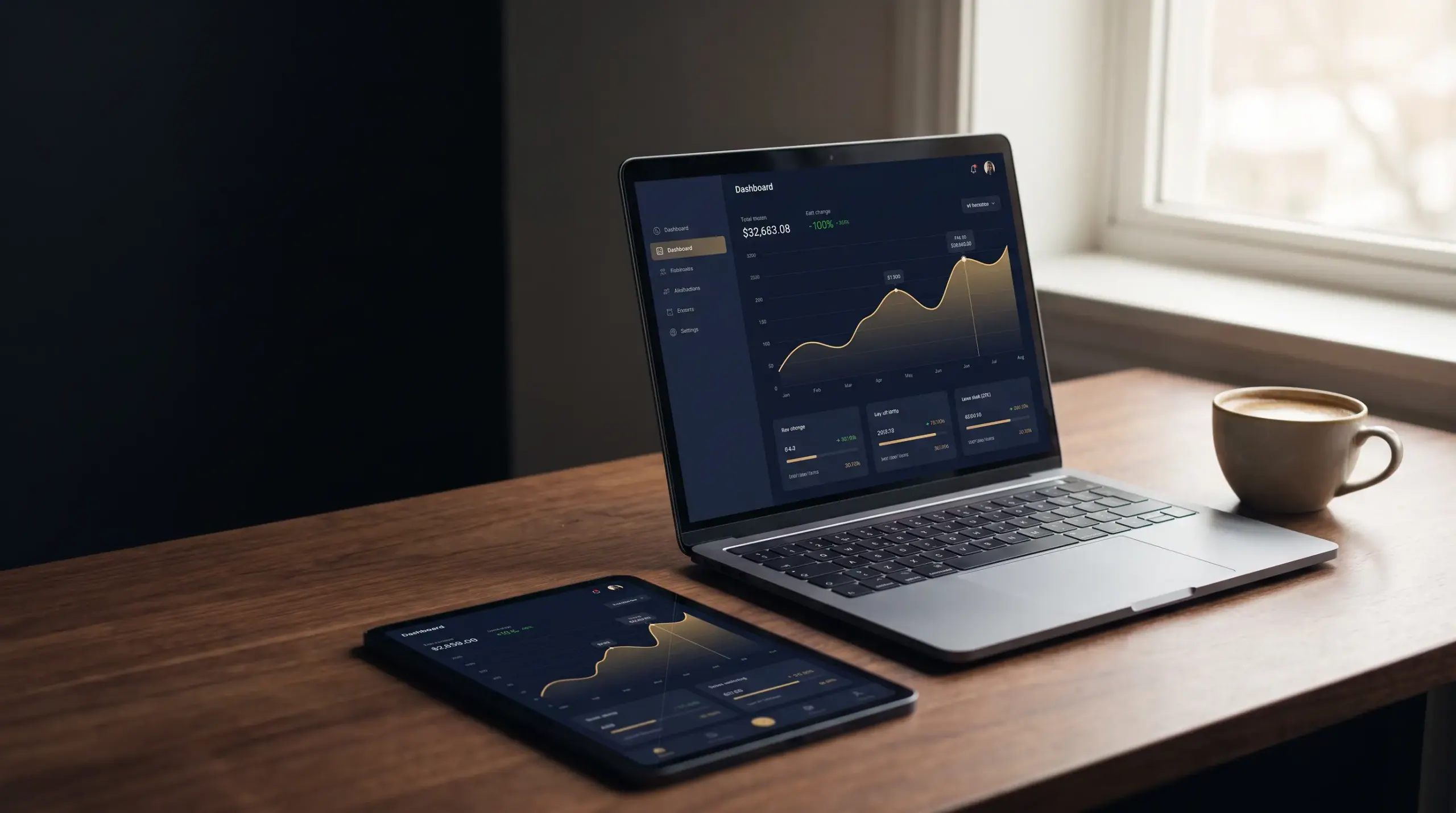 A laptop and tablet on a walnut desk showing financial dashboards with gold line charts