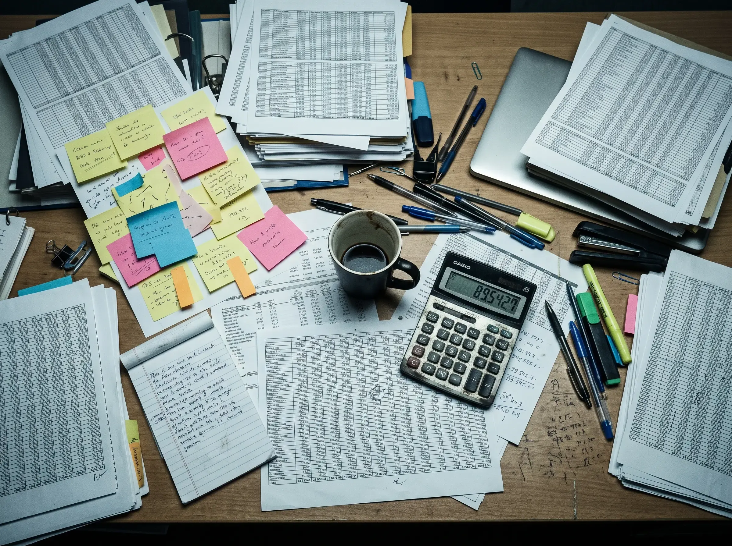 A desk buried in printed spreadsheets, sticky notes and a calculator