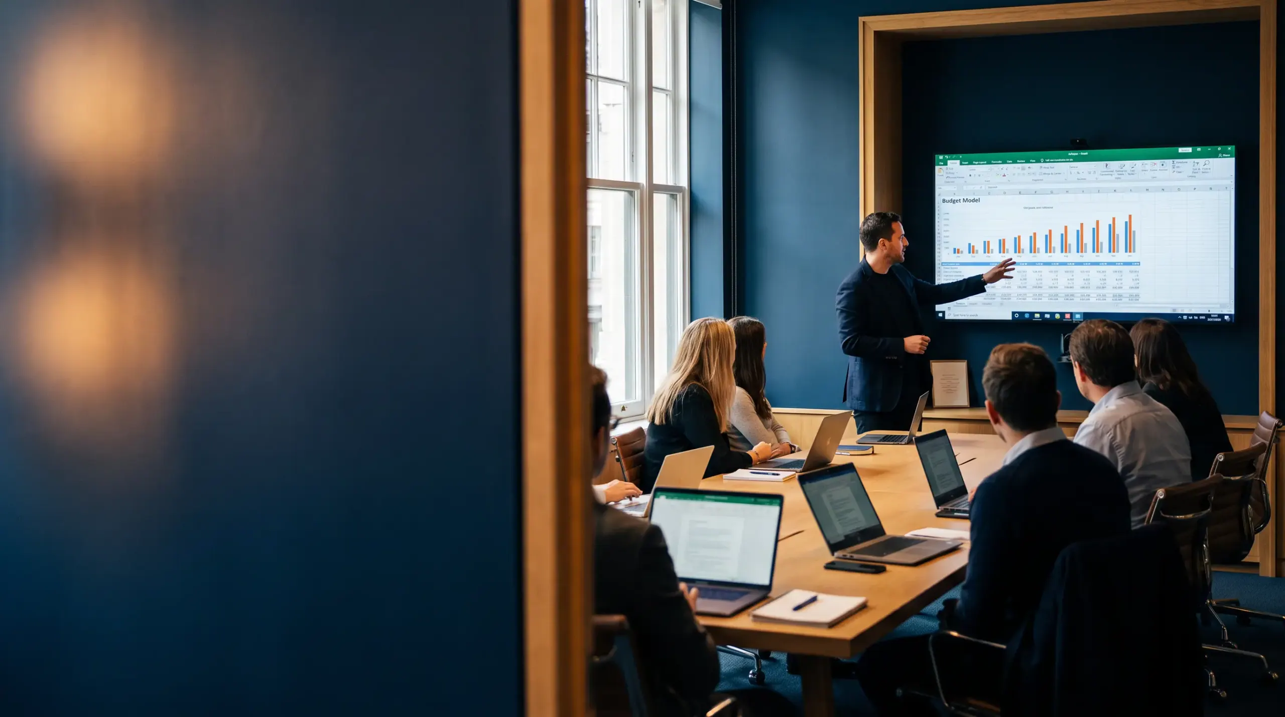 A small group around a table in a bright room, looking at charts on a screen